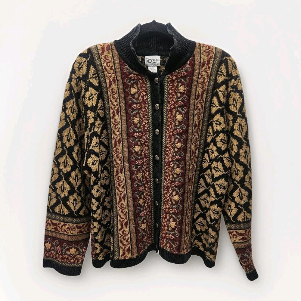 Vtg 90s KORET Women's Cardigan Black Flowers Acrylic Wool Large Boho Cottage